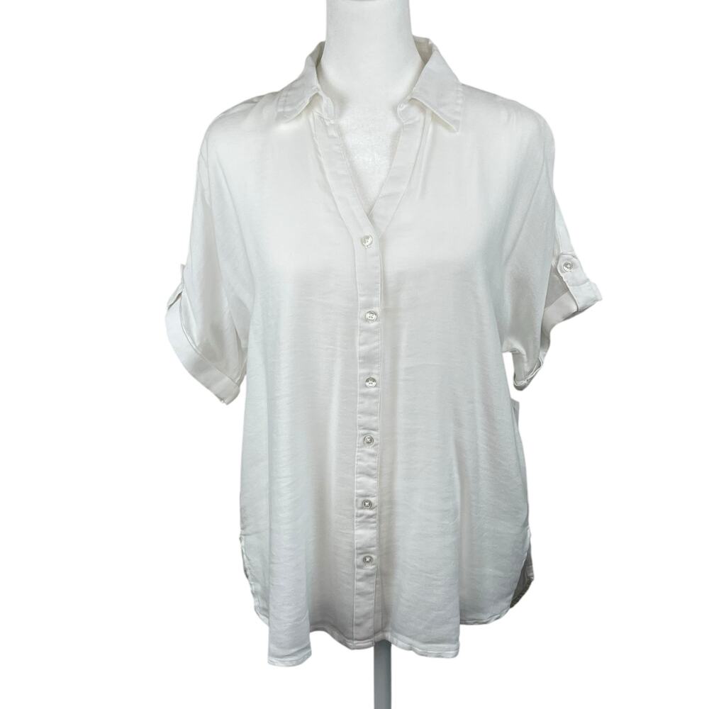 Gloria Vanderbilt Vintage White Cuffed Sleeve V-Neck Tunic Top S NWT